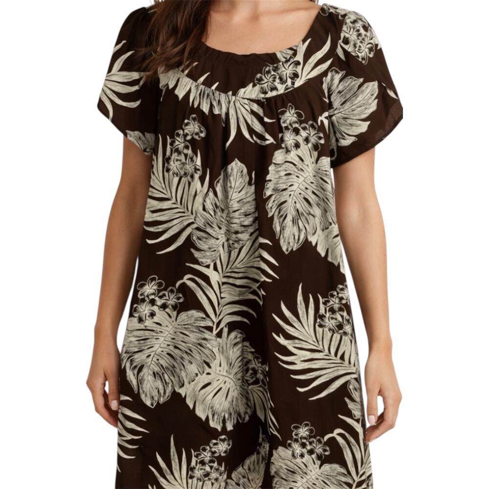 Vintage Royal Creations Dress Palm Puff Sleeve Hawaiian Pockets Midi Brown M